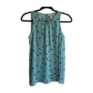LOFT Teal Sleeveless Blouse with Peacock Feather Print  Office to Weekend Top